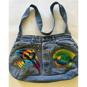 Lee Jeans Up Cycled Boho Purse Pearl Studs Gold Trim Fish Pockets Catch Closure